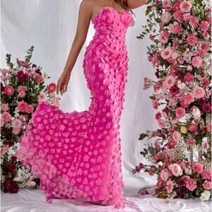 Hot Pink Contrast Mesh, Fitted, , Mermaid Maxi Form…
